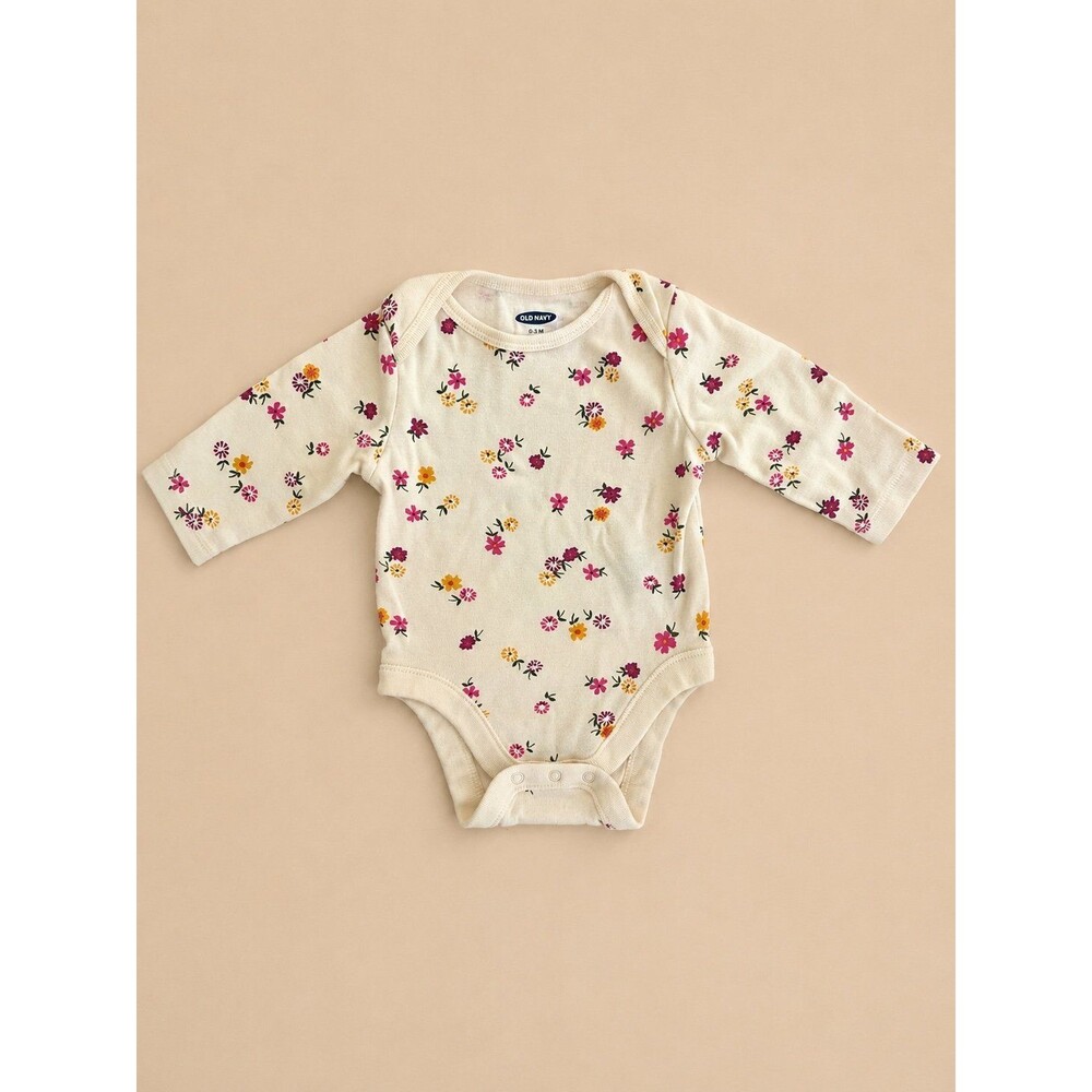 Old Navy Baby Girl Floral Long Sleeve Bodysuit 3-6 Months Cream Pink Flowers